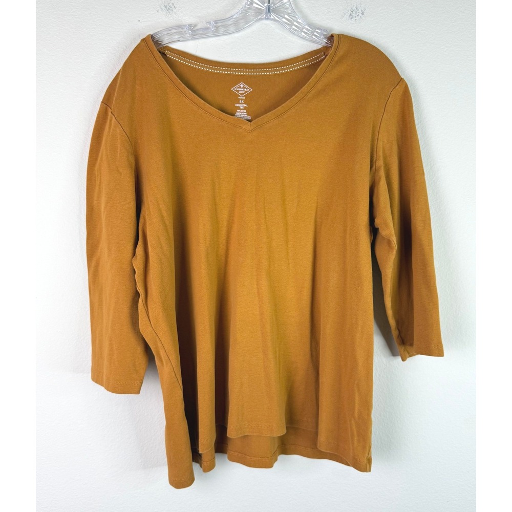 St. John's Bay Tee Woman 2X Essential V-Neck 3/4 Sleeve Mustard Yellow Cotton